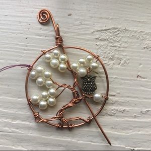 Tree pendant or brooch pin owl bronze wire pearl